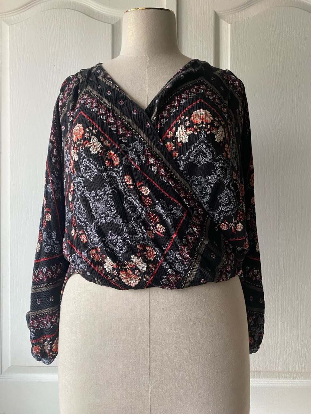 City Chic Black Floral Paisley Print Long Sleeve Surplice Wrap Blouse